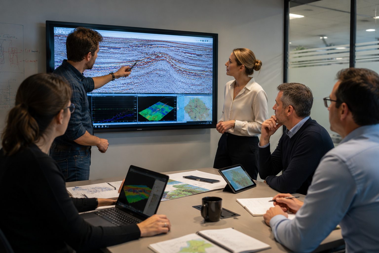 Geoscience team reviewing seismic interpretation in a consulting session