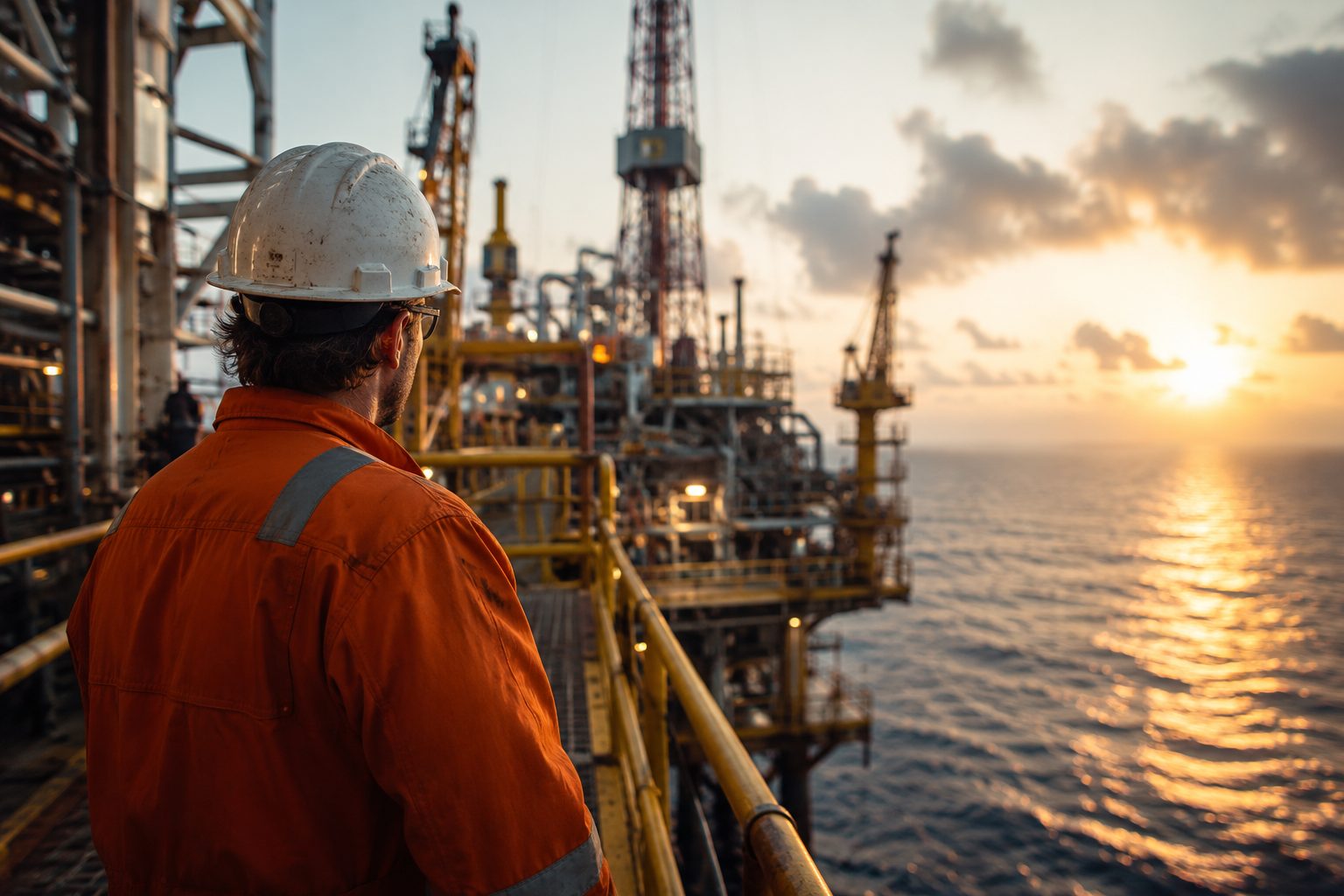 Field professional overlooking an offshore platform at sunset
