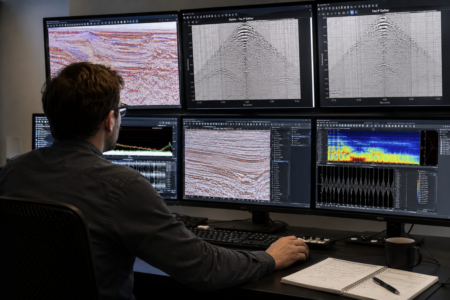 Geophysicist processing seismic data across multiple workstation displays